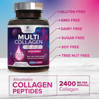 Multi Collagen Pills 2400 mg Per Serving - Advanced Types I, II, III, V, X - Hydrolyzed Multi Collagen Peptides Pills Supplement for Women & Men - Hair, Skin, & Nail Support Supplements - 240 Capsules