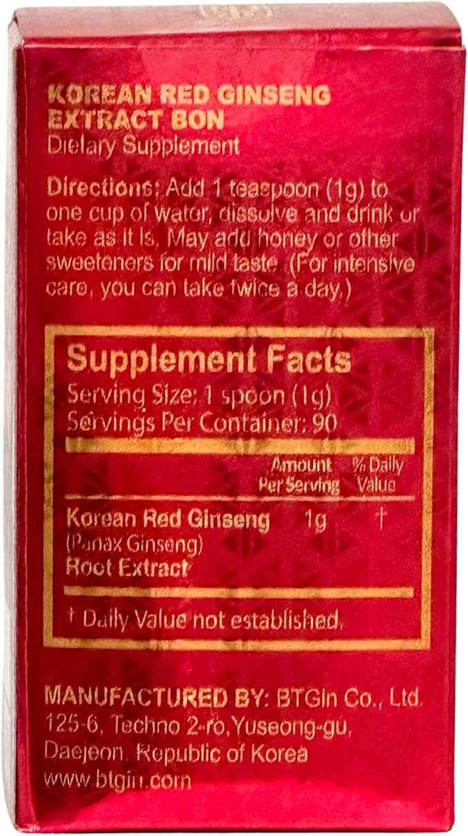 Bon Korean Red Panax Ginseng Extract - 100% Pure Concentrate - No Additives Extra Strength Supplement - Caffeine Free Energy, Focus & Immune Support - 90g