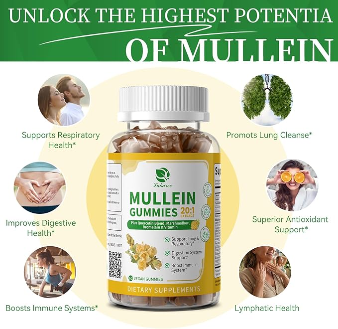 (2 Pack) 9 in 1 Mullein Gummies for Lung Cleanse & Lymphatic Drainage*, Extra Strength Mullein Leaf Extract w/Quercetin, Bromelain, Elderberry & Marshmallow for Respiratory & Immunity,Vegan,120 Count