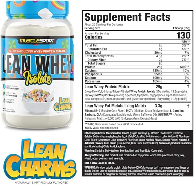 MuscleSport Lean Whey Revolution™ Protein Powder - Whey Protein Isolate - Low Calorie, Low Carb, Low Fat, Incredible Flavors - 25g protein per scoop (2lb, Lean Charms)