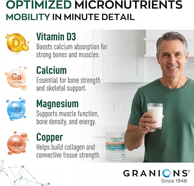 Granions Glucosamine Chondroitin MSM Powder 1,550mg – Joint Supplements for Men and Women - Chondrosteo, Hydrolyzed Marine Collagen Peptides, Essential Vitamins Glucosamine Complex – Wild Berry 9.9oz
