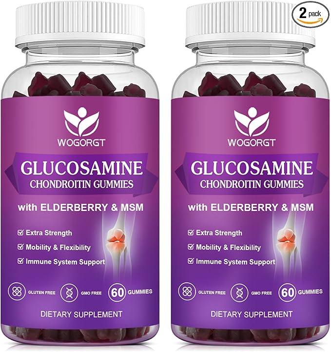 WOGORGT Glucosamine Chondroitin Gummies for Women & Men - 1500mg Glucosamine Chondroitin with MSM & Elderberry - Flexibility & Immune Support - 60 Gummies (2 Pack)