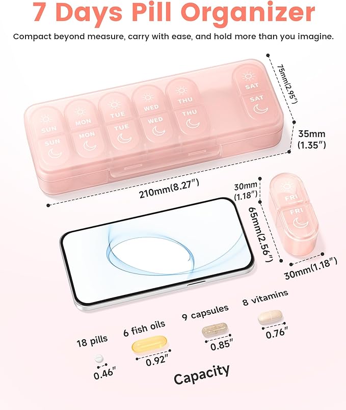 Pillex Weekly Pill Organizer 2 Times a Day, Daily AM PM Pill Box Case 7 Day with Large Openings for Easy to Use, Travel Medicine Container for Medication, Vitamins, Supplements - Pink