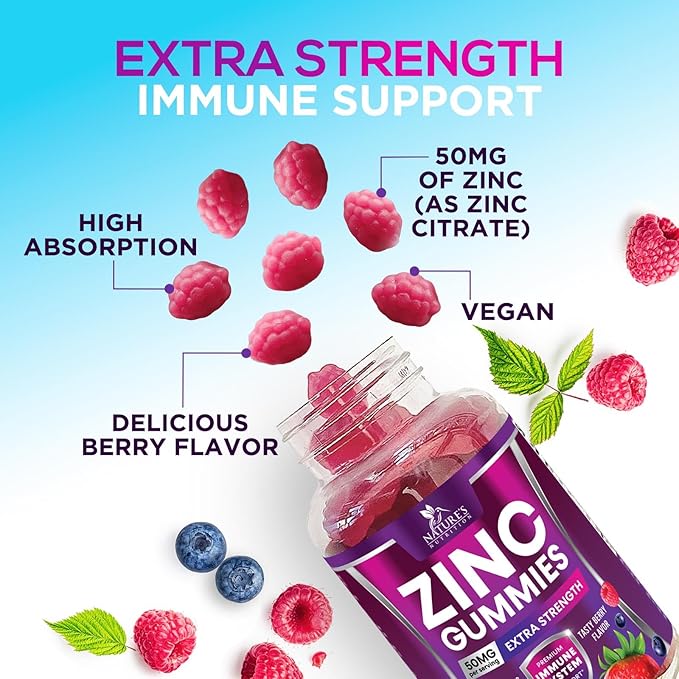 Zinc Gummies - 50mg Zinc Per Serving Immune Skin & Bone Support Health Gummy - Premium Antioxidant Chewable, High Absorption Vegan, Best Supplements Vitamin for Adults, Tasty Berry Flavor, 60 Gummies