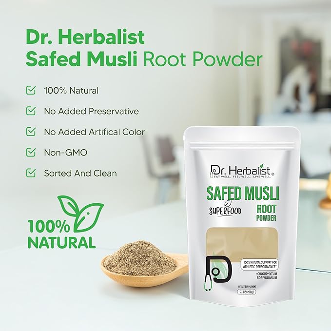 Dr. HERBALIST | 100% Natural Safed Musli Powder 200g (7.05 oz) | Premium Quality for Traditional Use, DIY, Herbal Blends & Wellness Rituals