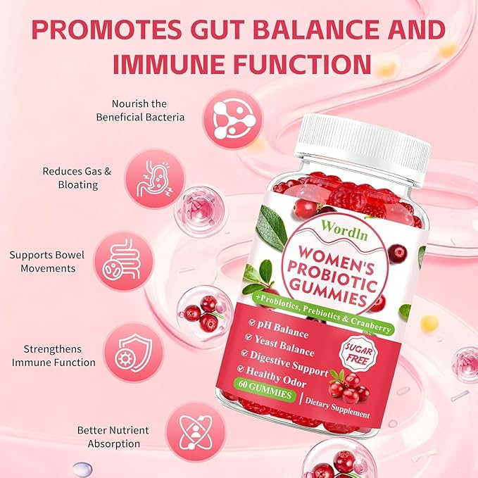 Women Probiotic Gummies for Feminine Health, Supports pH Balance, Vaginal Health, Odor Control & Yeast Balance, Digestive & Immune Support, Sugar Free Cranberry Flavor, 60 Count (Pack of 2)