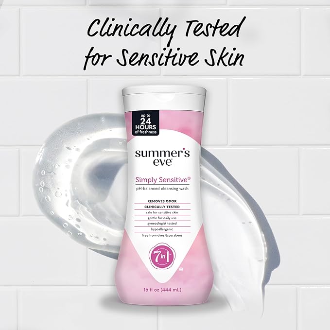 Summer's Eve Simply Sensitive All-Over Daily Feminine Wash, Gentle pH-Balanced Body Wash for Women, Removes Vaginal Odor, 15 Fl Oz