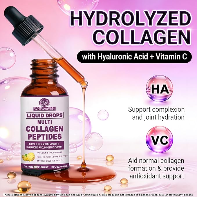 Multi Collagen Peptides Liquid Drops, 2oz – Types I, II, III, V, X, Hydrolyzed Collagen Complex for Hair, Skin, Nails, Bones & Joint Support | Collagen Supplement w. Hyaluronic Acid, Biotin, Vitamin C