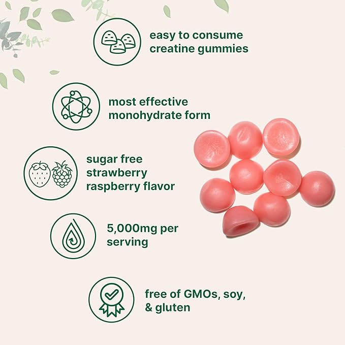 Creatine Monohydrate Gummies 5,000mg Per Serving, 120 Count | Sugar Free Strawberry Raspberry Flavored | Creatine for Women & Men | Pre Workout + Muscle Strength & Recovery Support | Non-GMO