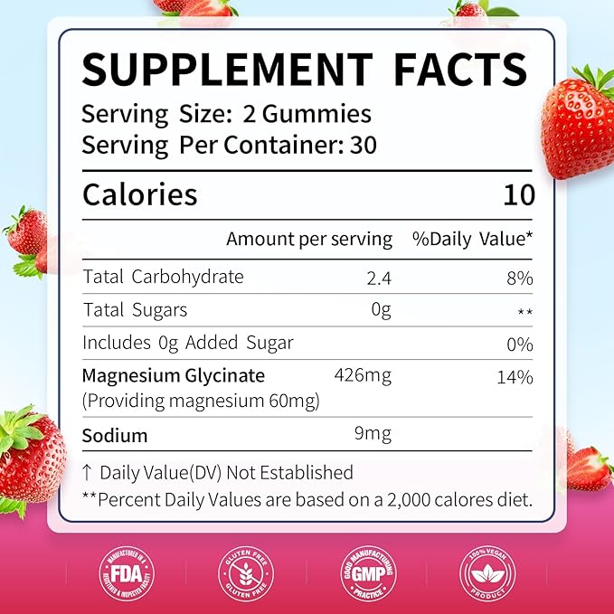 Magnesium Glycinate Gummies, High Absorption, Muscle & Nerve Support, Calm & Relaxation, Bone Health, Zero Sugar, Vegan, Gluten Free, 60 Count