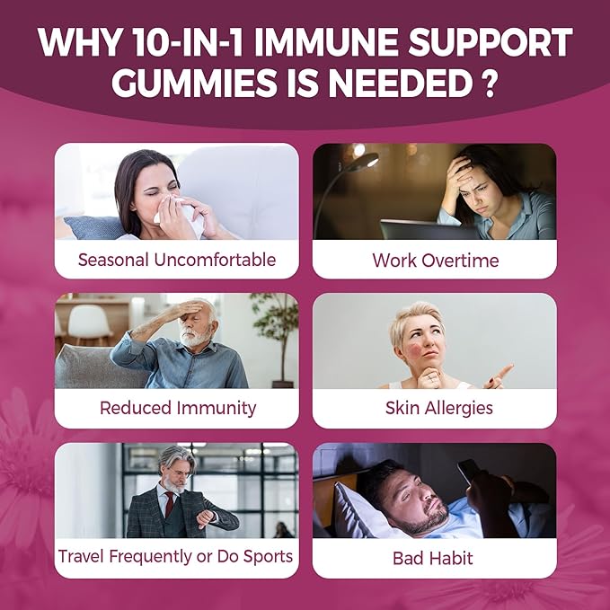 10 in 1 Immune Support Supplement Gummies, w/Echinacea, Elderberry Vitamin C and Zinc, Selenium, Vitamin D3 5000IU, Magnesium, Daily Immune Booster Multivitamin, for Antioxidant Bone Energy, 1 Pack