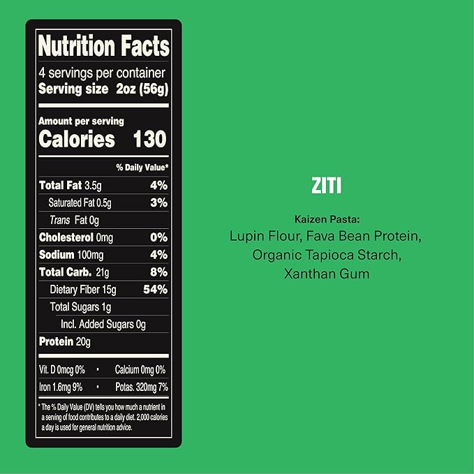 Kaizen Ziti Protein Pasta, 20g Protein, Low Carb (6g Net Carbs), Keto-Friendly, Gluten-Free, Plant-Based Lupini Noodles, High Fiber, 8 Ounce, Pack of 3