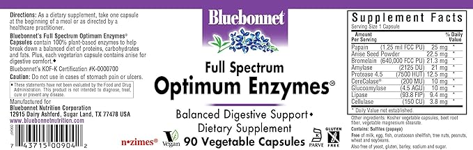 Bluebonnet Full Spectrum Optimum Enzymes Vegetarian Capsules, 90 Count