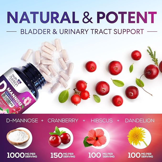 D-Mannose Supplement - 1,000mg D Mannose Per Serving with Cranberry, Hibiscus & Dandelion - Fast-Acting, Natural Urinary & Bladder Support for Women & Men – Flush & Cleanse Impurities – 180 Capsules