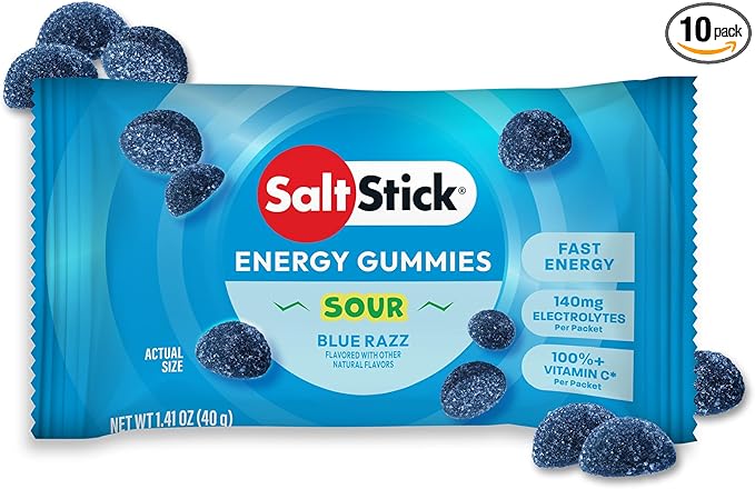 SaltStick Energy Gummies with Electrolytes, Sour Blue Razz, Easy to Chew Electrolyte Gummy, Energy Chews that Taste Great. 10 Packs, 80 Gummies