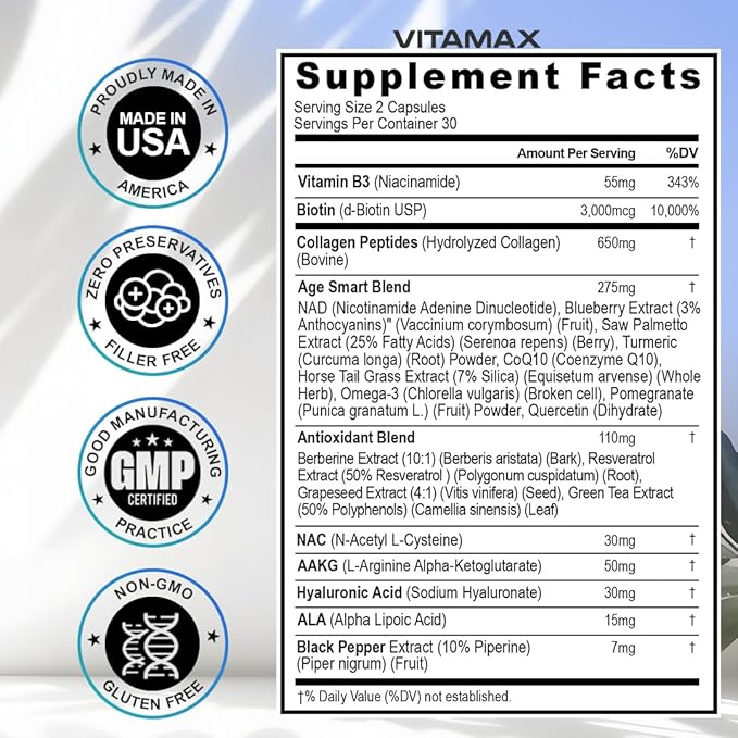 Vitamax Resveratrol NAD+ Berberine Hyaluronic Acid - Biotin Grape & Blueberry + NAC - Collagen Peptides - Hair, Nail, Skin & Joint Supplement - 21-in-1 Women and Men - Made in USA - 120 Count