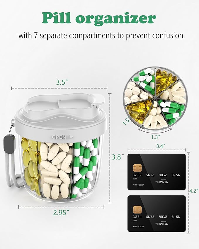 Pill Organizer with 7 Compartments, Pill Box Case for Holding 7 Different Vitamins, Anti-Mix Design for Easy Medication Retrieval. Travel Pill Organizer with 20 Labels.Pill Container (Cool Gray)