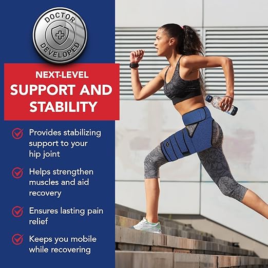 Dr. Arthritis Stabilizing Hip Brace for Men & Women, Thigh Compression Sleeve & Hip Support for Muscle Recovery, Hamstring Brace with Handbook, Sciatica Pain Relief Devices - Left Leg (L/XL, Navy)