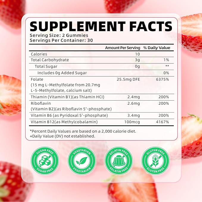 softbear L-Methylfolate Gummies 15mg for Kids & Adults, Organic Methylfolate Supplement 5-MTHF Plus Methyl B12, B1, B2, B6 Support MTHFR Gene, Cognition Function, Strawberry Flavor 120 Count