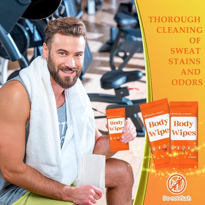 300 Pcs 60 Pack Body Wipes for Adults Bathing No Rinse Individually Wrapped Shower Wipes Washcloth with Aloe Cleansing Body Wash Cloths Disposable Bulk Deodorant Homeless(Orange Background)