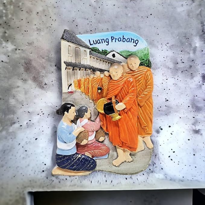 WitnyStore Tiny Morning Alms Giving Offer Sticky Rice and Food to Buddhist Monks in Luang Prabang, Laos Southeast Asia Tourist Attractions Resin Refrigerator Magnet Traveler Souvenir 3D Fridge Magnets