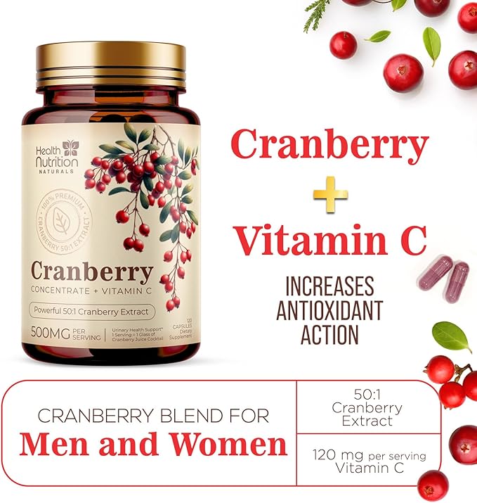 Cranberry Extract 500mg Per Serving - Cranberry Powder Supplement with Vitamins C - Urinary Tract Health Support, Cran Berry Fruit, Sugar Free Formula, Bottled in USA - 120 Capsules