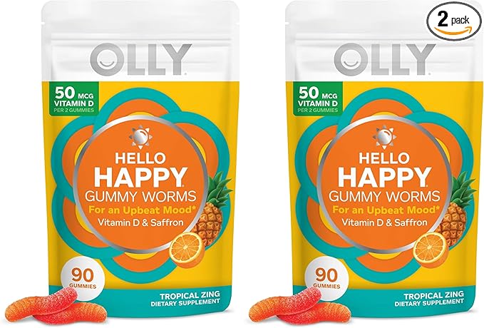 OLLY Hello Happy Gummy Worms,Mood Balance Support,Vitamin D,Saffron,Adult Chewable Supplement,Gluten Free,Tropical Zing -,90 Count (Pack of 2)