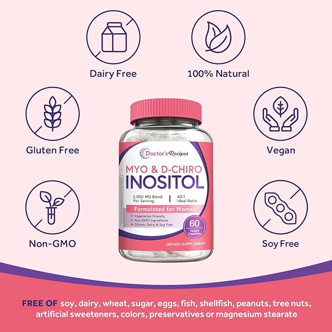 Doctor's Recipes Inositol Supplement for Women, Myo-Inositol & D-Chiro Inositol Capsules 2050mg per Serving, Ideal 40:1 Blend, 60 Vegan Caps
