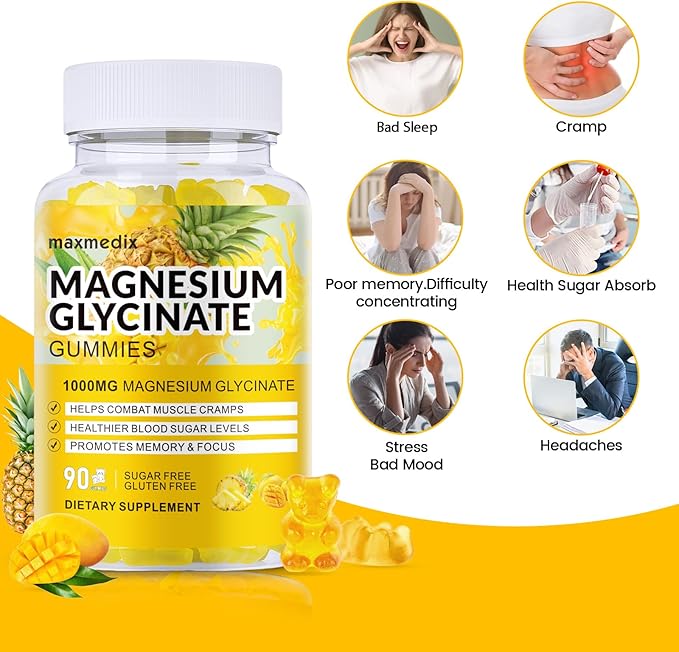 Magnesium Glycinate Gummies 1000mg, Sugar Free Magnesium Potassium Supplements Chewable for Adults with L-Threonate for Sleep, Body Support and Relaxation,90 Mango Pineapple Gummies