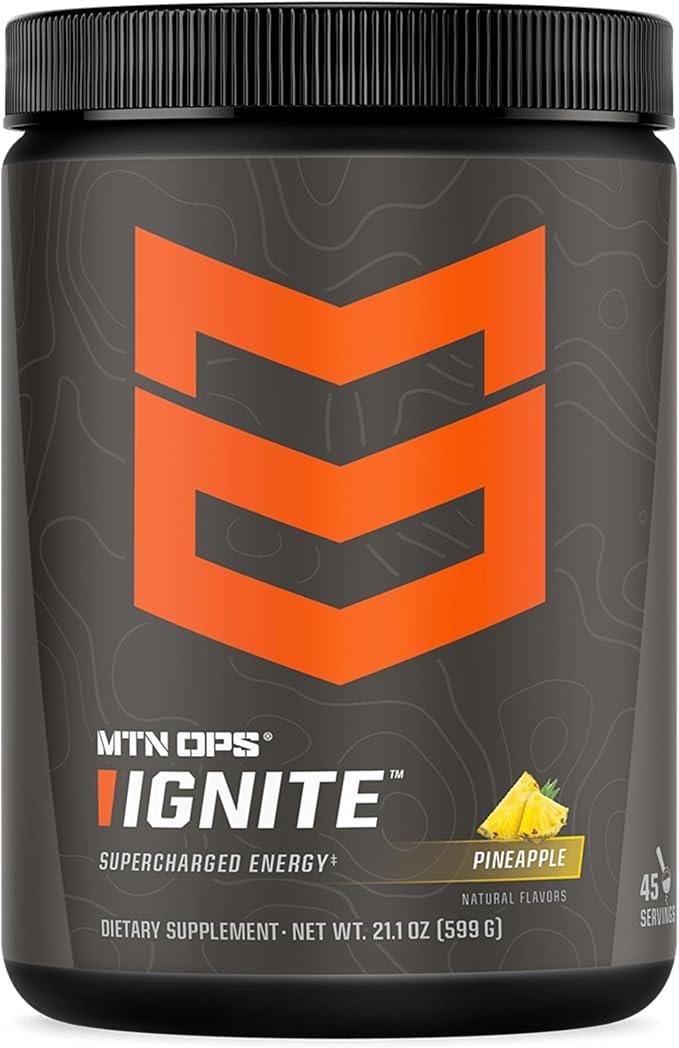 MTN OPS Ignite Sugar Free Energy Drink Powder with 200mg Caffeine, Nootropic Blend for Energy, Focus & Endurance, L Arginine & L Citrulline Pre Workout, 45 Servings, Pineapple