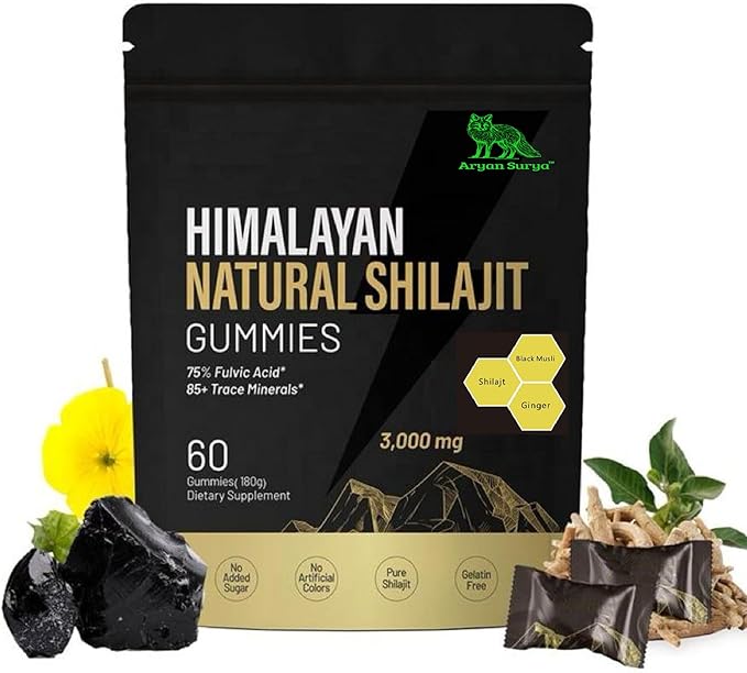 Himalayan Shilajit Gummies – 3000mg Shilajit with Gokshura, Ginger & Black Musli, Fulvic Acid & 85+ Trace Minerals, No Added Sugar, Natural Energy & Stamina Support – 60 Gummies