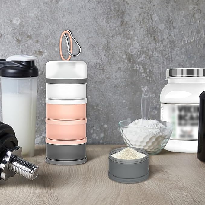 YEXEXINM 4 Pcs Protein Powder Container with Funnels Stand, 4 Stackable Protein Powder Dispenser with 4 Portable Keychain Supplement Container & Dispenser for Workout, Fitness, Travel (4 Color)