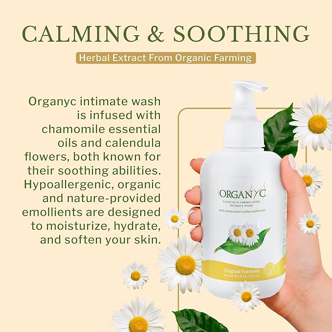 Organyc - Feminine Intimate Wash for Sensitive Skin - Free from Chlorine, Parabens, SLSSLES, and Synthetic Perfumes - 8.5 Fl Oz with Chamomile (2 Pack)