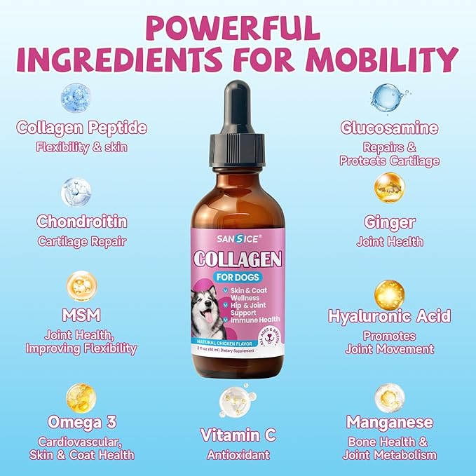 Collagen for Dogs Joint Health, Grass-fed Dog Collagen Drops with Omega 3, Vitamin C for Skin & Coat, Dog Hip and Joint Supplement with Glucosamine, Chondroitin, Hyaluronic Acid-Bone, Immune-2 Fl