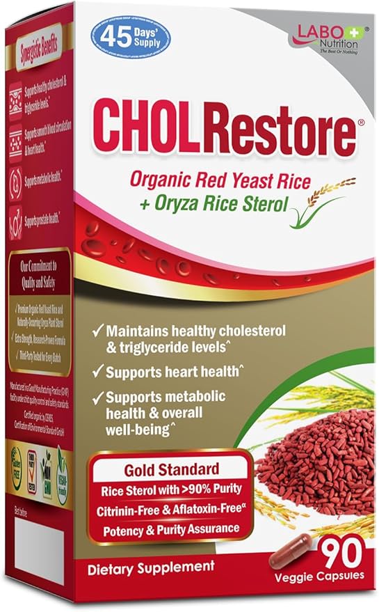 LABO Nutrition CHOLRestore – Red Yeast Rice with Phytosterol Health Supplement, Supports Healthy Cholesterol Levels, Citrinin, Aflatoxin & Soy Free, 90 Vegetarian Capsules