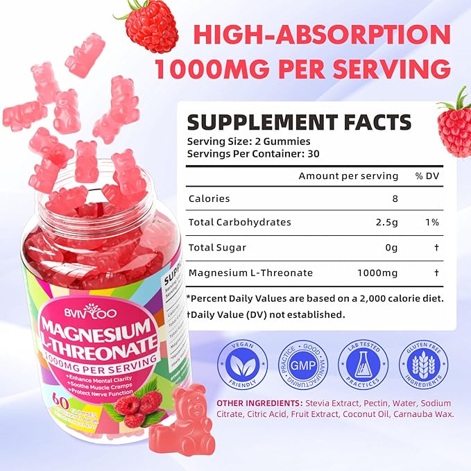 1000mg Magnesium L-Threonate Gummies for Kids & Adults - Muscle & Nervous System Support, Vegan, Sugar-Free Raspberry Flavor, 60 Gummies