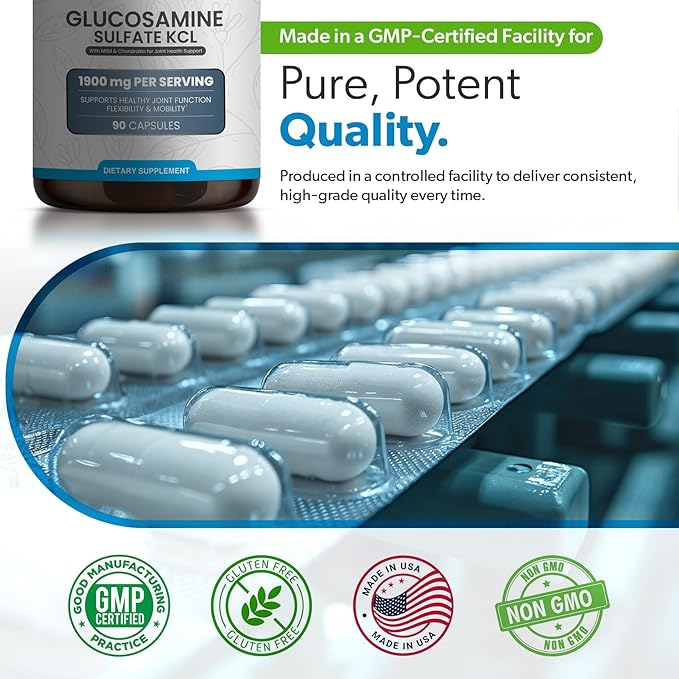 Glucosamine Sulfate KCL with Chondroitin & MSM - Joint Supplements for Women and Men - Glucosamine Chondroitin MSM Supplement - Supports Joint Health, Flexibility & Mobility – Made in USA,100 Capsules