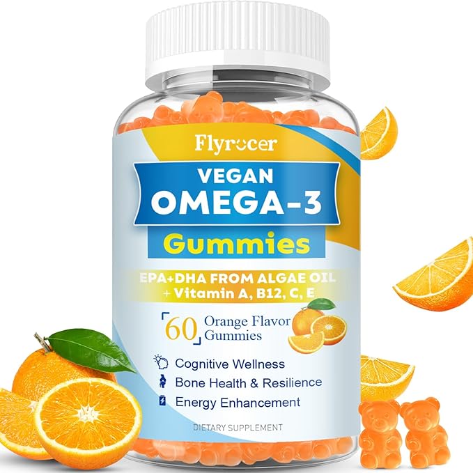 Vegan Omega 3 Gummies - Algal Oil Omega 3 Supplement with DHA, EPA & 10 Essential Vitamins, Fish Oil Alternative - Support Brain, Eye & Immunity for Adults, Orange Flavor, 60 Count