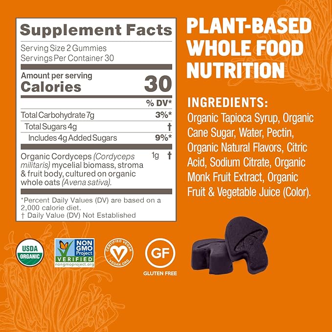 OM MUSHROOM SUPERFOOD Cordyceps Gummies – USA Grown Organic Mushrooms – Supports Endurance, Energy & Recovery – Cherry Burst Flavour – 30 Servings, 60 Count.