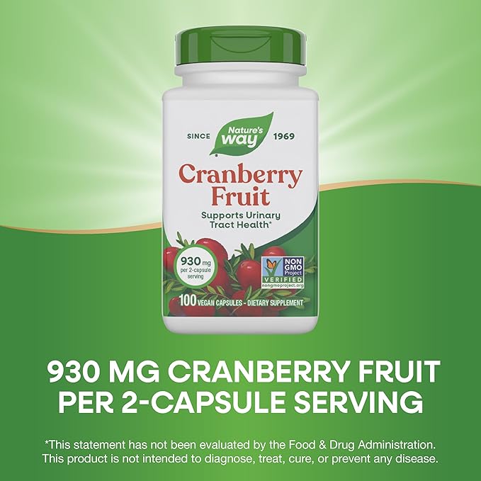Nature's Way Cranberry Fruit, Cranberry Supplements, Supports Urinary Tract Health*, 930 mg per 2-Capsule Serving, 100 Capsules (Packaging May Vary)