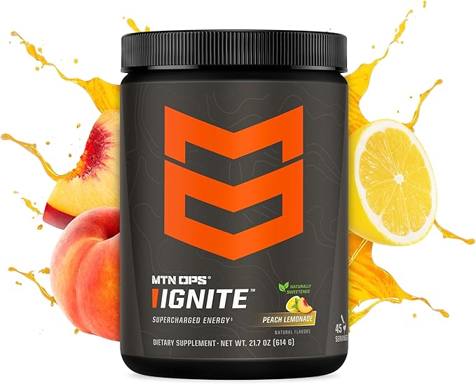 MTN OPS Ignite Sugar Free Energy Drink Powder Naturally Sweetened with Monk Fruit, 200mg Caffeine, Nootropic Blend for Energy, Focus & Endurance, L Arginine & L Citrulline, 45 Servings, Peach Lemonade