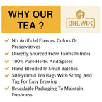 BREWIX, Turmeric Ginger Herbal Tea Bags (50 Pyramid Tea Bags) Caffeine-Free Ayurvedic Blend for Daily Wellness & Immune Balance | Daily Wellness Ritual | Gluten Free | Real Ingredients From India
