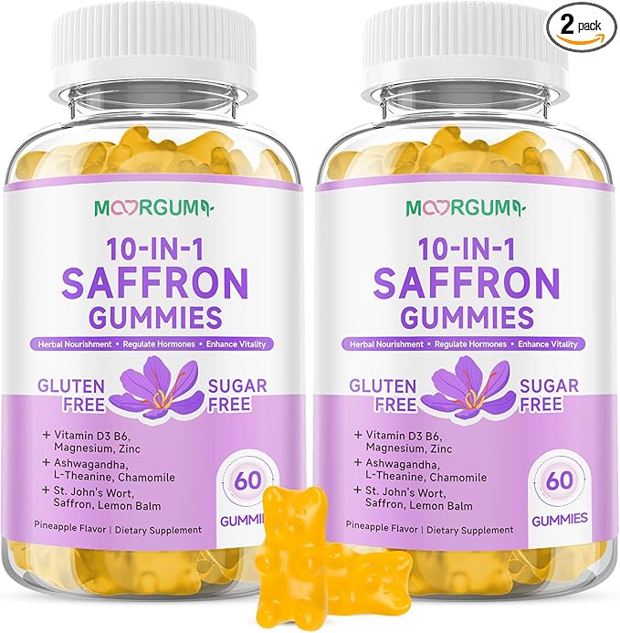 Saffron Gummies for Adult Kids, 10-IN-1 Cortisol Support Supplement with Saffron 88.5mg, Vitamin D3, B6, Magnesium, Zinc, Ashwagandha, L-Theanine, St. John's Wort, For Emotions, Slumber, 120 Count