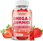 Vegan Omega-3 Gummies 1000mg, Omega 3 Fish Oil Alternative for Adults, Plant Based DHA 460mg & EPA 230mg w/Vitamin A, C, E - Supports Immune Function, Sugar Free, Strawberry Flavor, 60 Count
