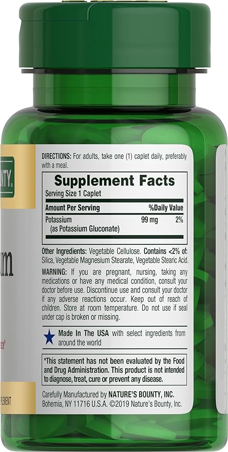 Nature's Bounty Potassium 99mg, Supports Fluid Balance and Muscle Activity, Involved in Normal Heart Function, Potassium Gluconate Dietary Supplement, Gluten Free, 1 Per Day, 100 Vegetarian Caplets