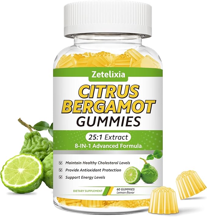 Citrus Bergamot Gummies, Citrus Bergamot Supplement for High Cholesterol, Cholesterol Lowering Supplement for Heart, Immune System & Healthy Aging Support, Sugar Free, Vegan, Lemon Flavor, 60 Count