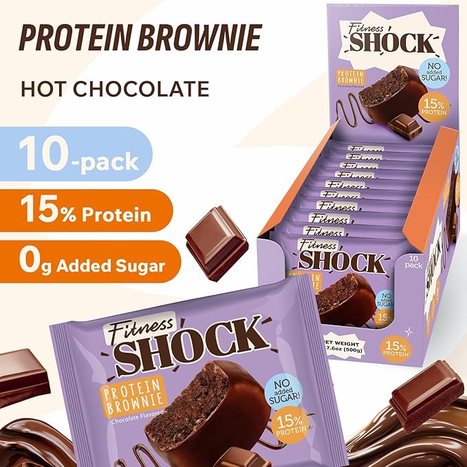 Fitness SHOCK Chocolate Protein Brownie - No Added Sugar, 7.5g Protein, Low Carb Guilt-Free Dessert - 0g Added Sugar, 10g Net Carbs, 5g Fiber, Non-GMO, Oat Bran - 10 x 50g