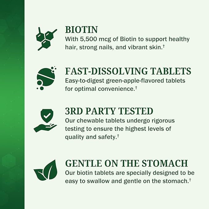 BioSchwartz Bariatric Biotin Chewable Tablets - 5500mcg Biotin per Serving - Green Apple Flavor, 3 Month Supply - Sugar-Free Hair Skin Nails Vitamins for Women for Post-Bariatric Care - 90 Servings