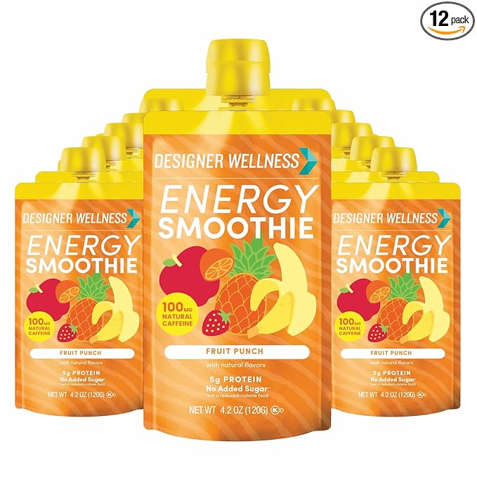 Designer Wellness Energy Smoothie, Real Fruit, 100mg Natural Caffeine, 5g Protein, Low Carb, Zero Added Sugar, Gluten-Free, Fruit Punch, 12 Count
