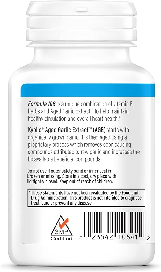 Kyolic Aged Garlic Extract Formula 106 - Circulation Health Support - Cardiovascular & Circulation Supplement - 100 Capsules (50 Servings)